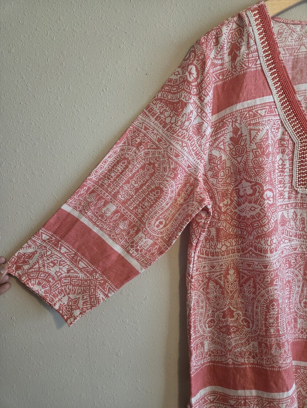 Charter Club Luxury Coral-Pink Printed Linen V-Neck Beaded Tunic Sz XL Vacation - Picture 3 of 11